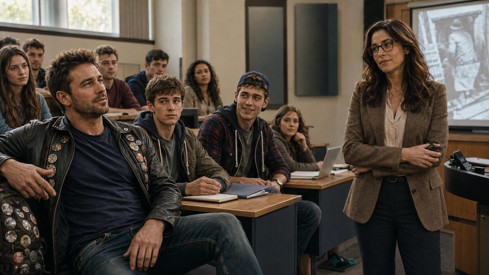 GROWING WILDER Jimmy Wilder challenges lecturer Gina Ross during a film-studies class, surrounded by his much younger university classmates — Growing Wilder.