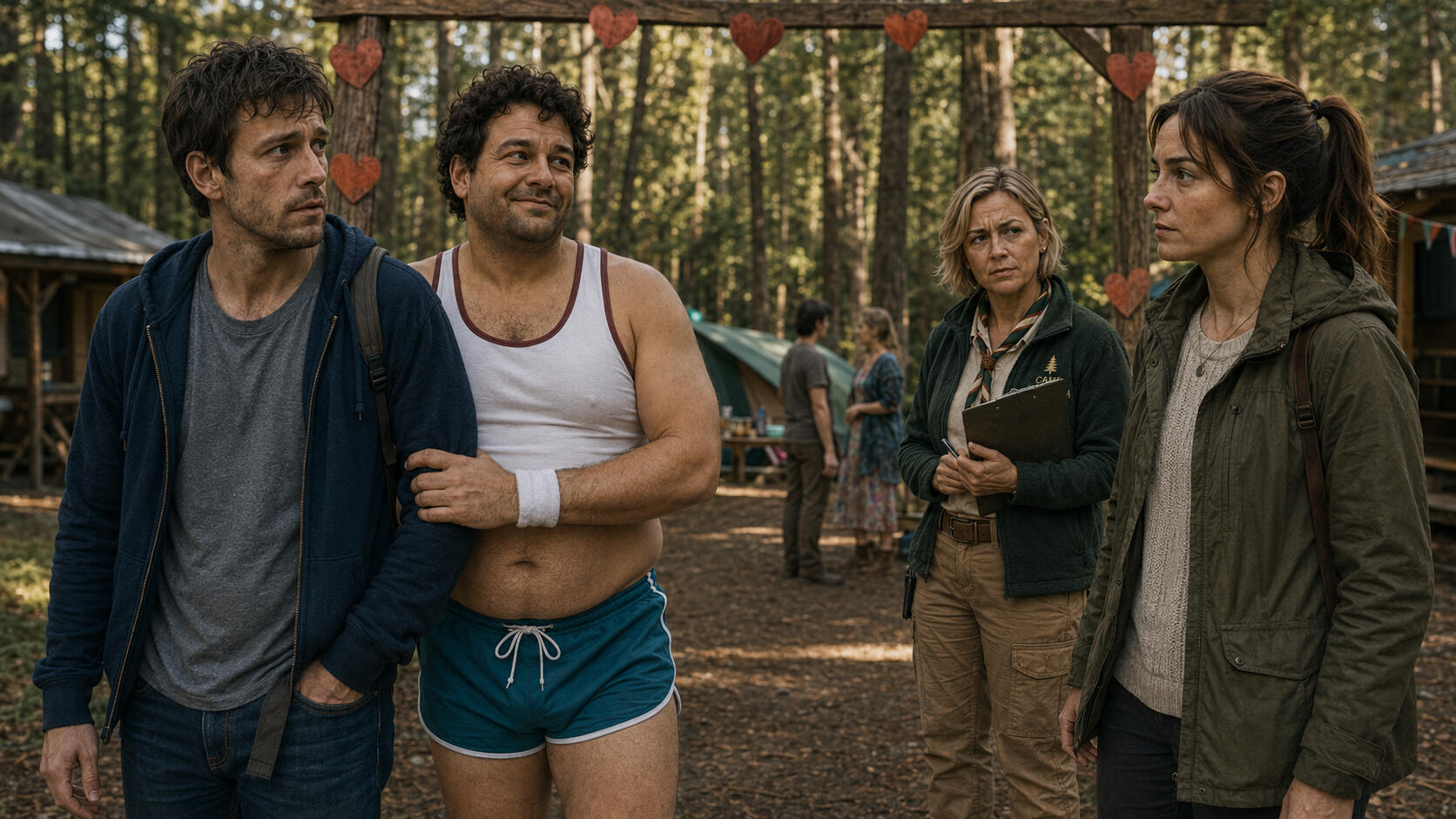 BROKEN HEARTS Andy and Eddie arrive at Camp Duncima as Amy and Jemima look on — Broken Hearts